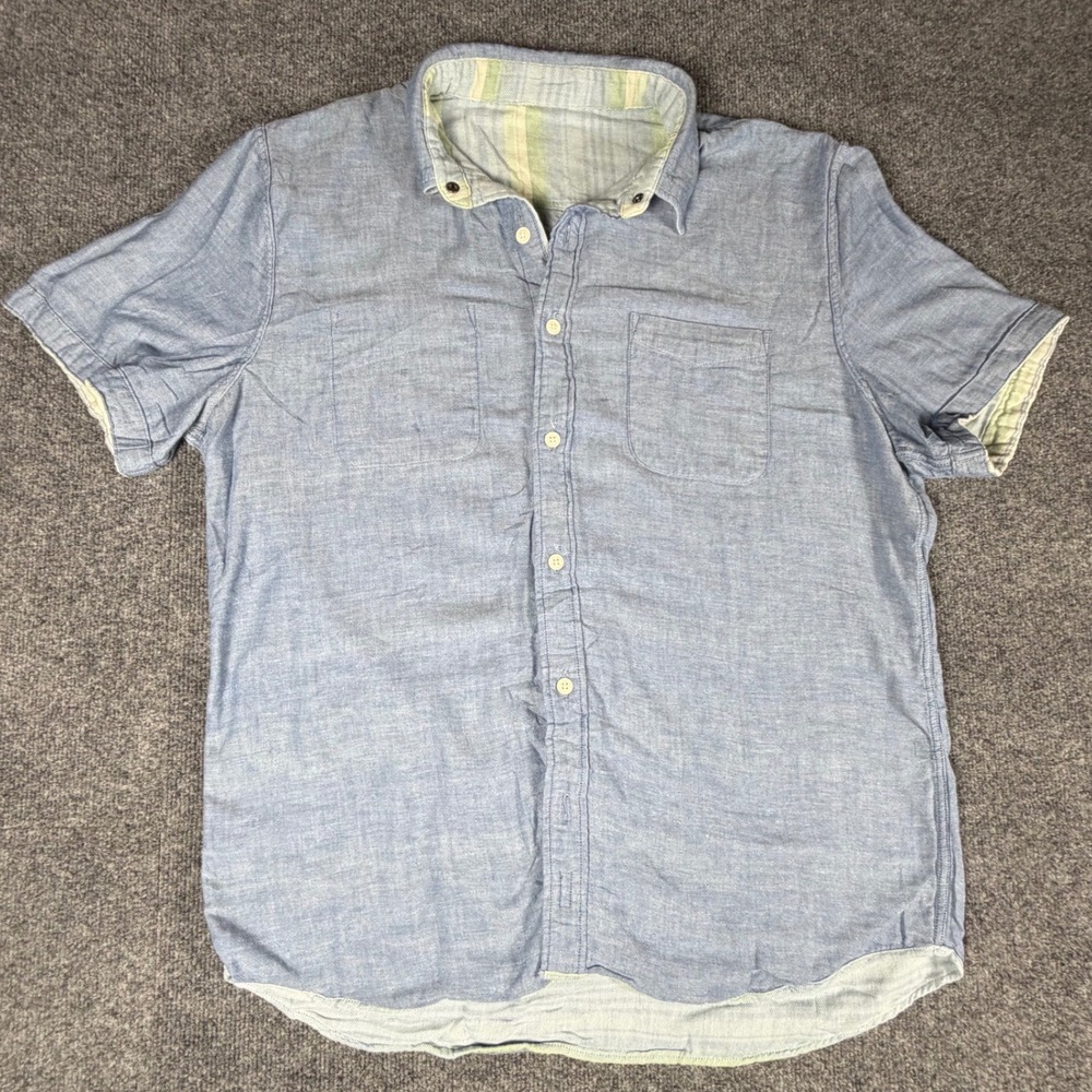 Faherty Brand Reversible Short‎ Sleeve Button Down Shirt Blue Striped Mens XL